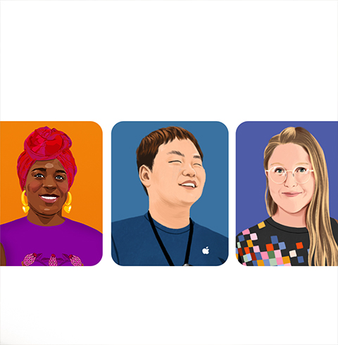 Retratos de tres personas del equipo de Apple.