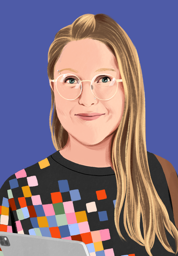 Manuela 微笑看著讀者的肖像插畫。