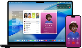 MacBook Pro and iPhone 16 Plus, Phone app open, same contact displayed on both screens