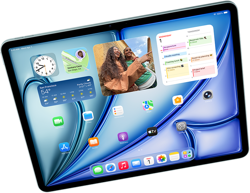 iPad Airi horisontaalvaade, millel tutvustatakse Image Playground funktsiooniga Apple Intelligence'i, rakendust Keynote ja Apple Pencil Prod