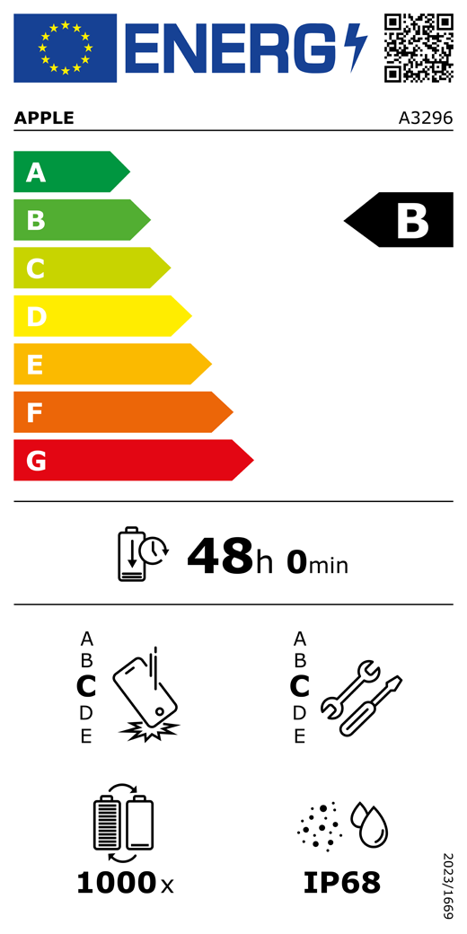 Étiquette énergétique de l’UE, code QR et informations, modèle Apple A3296, classe B, classes d’efficacité énergétique (échelle allant de A à G), A (la plus élevée) à G (la plus basse), endurance de la batterie par cycle, 48 heures et 0 minute par charge complète de la batterie, résistance aux chutes répétées de classe C, A (plus résistante) à E (moins résistante), réparabilité de classe C, A (plus réparable) à E (moins réparable), endurance de la batterie de 1 000 cycles, indice de protection IP68 pour la poussière et l’eau, règlement 2023/1669.