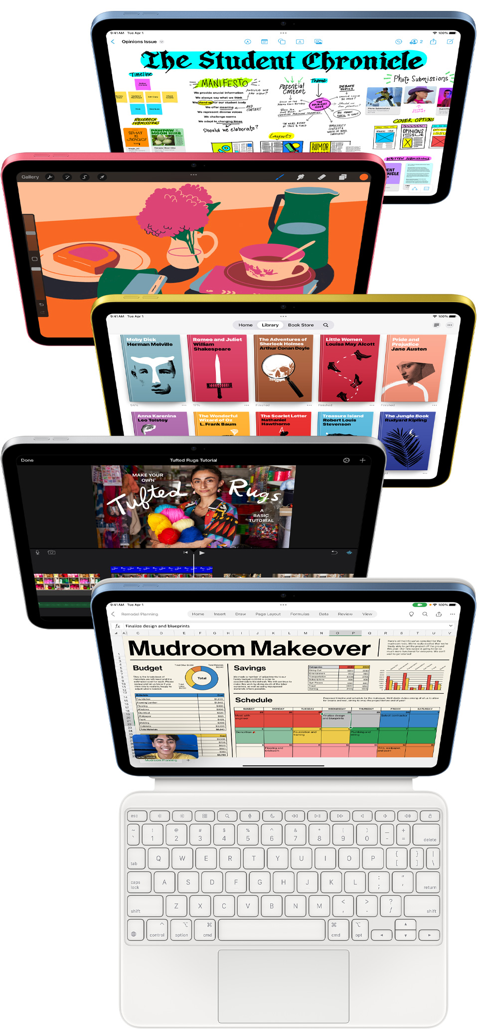 iPad-kijelzők szemből, rajtuk különféle appok, köztük a Freeform, ProCreate, Apple Books, iMovie, Excel és a Webex Meetings.