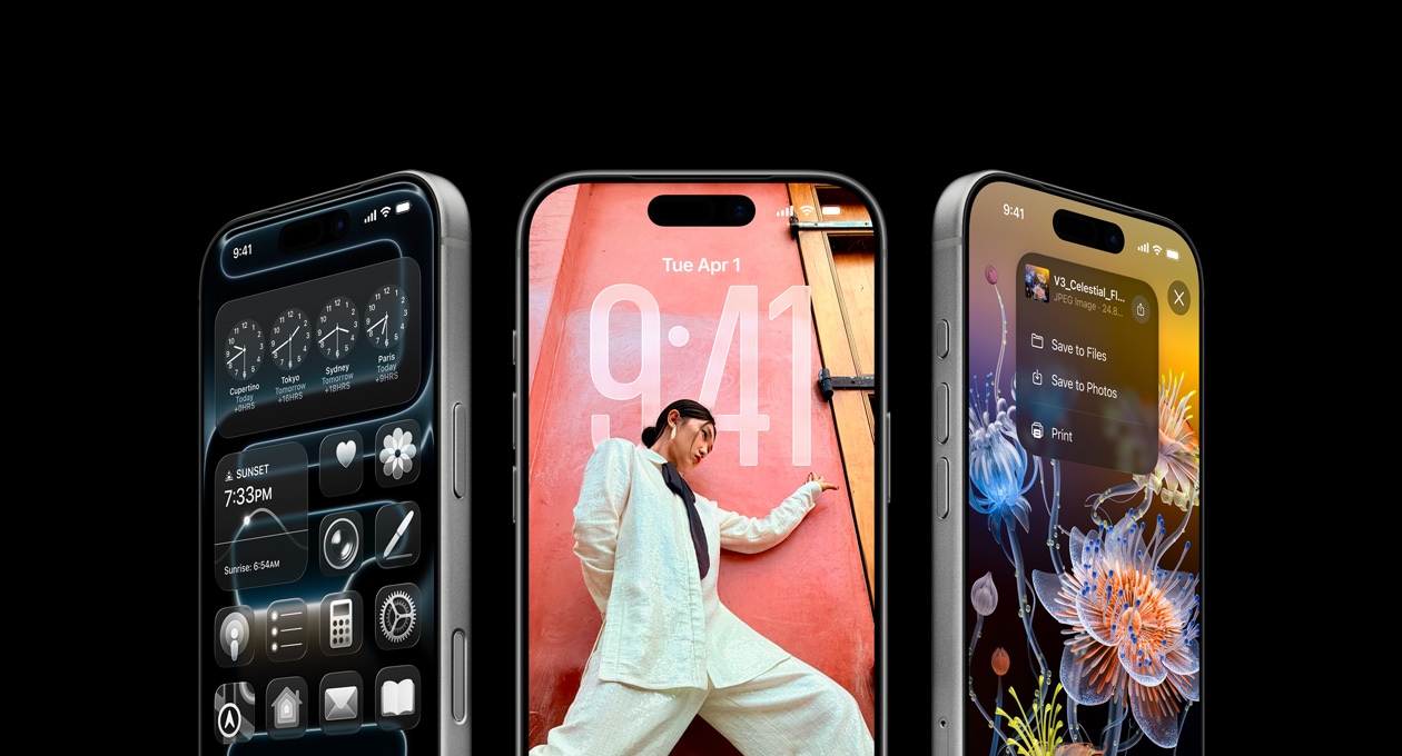 3 „iPhone 17 Pro“ modeliai, priekinė pusė, išrikiuoti, demonstruojama pasaulio laikrodžio funkcija, „iOS 26“ užrakintas ekranas ir kaip išsaugoti pastabas naudojant programą „Pastabos“