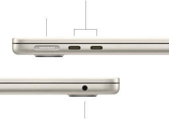 صورة للجانب الأيسر من جهاز MacBook Air وهو مغلق، تعرض منفذ MagSafe مع اثنين من منافذ ثندربولت، وللجانب الأيمن، تعرض مقبساً لسماعات الرأس