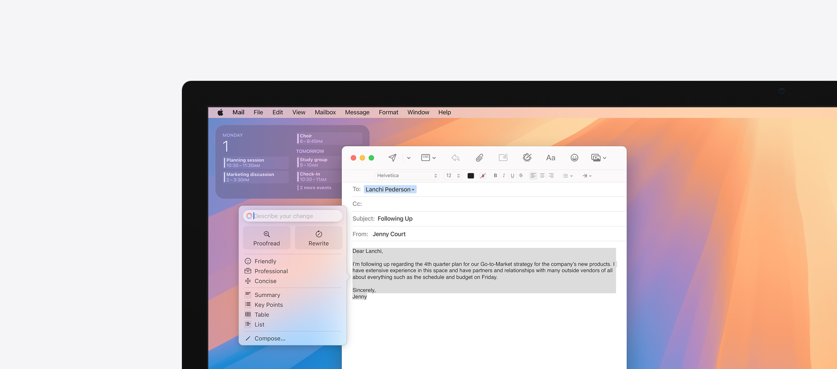 螢幕展示在郵件 app 中使用 Apple Intelligence 的書寫工具功能