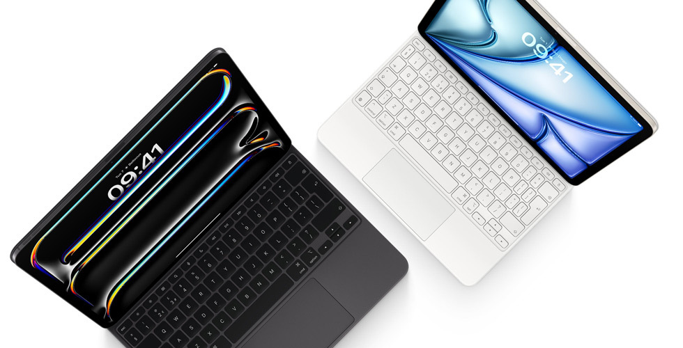 Top-down view of iPad Pro attached to Magic Keyboard for iPad Pro in black and iPad Air attached to Magic Keyboard for iPad Air in white.