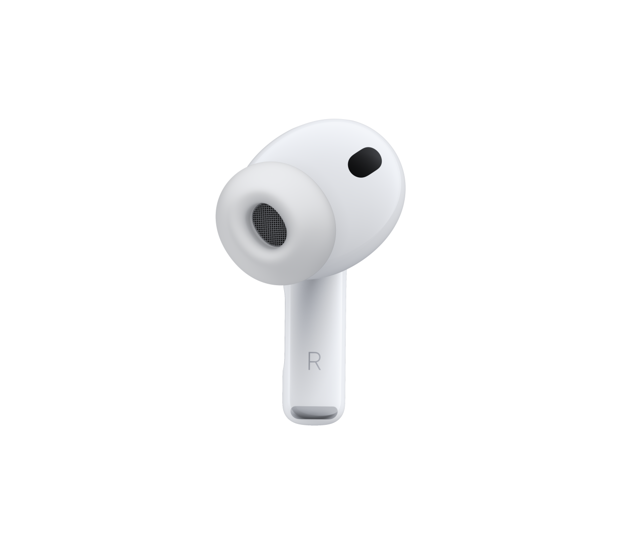 AirPods Pro 3，展示白色耳機上的降噪麥克風和矽膠耳塞套，短耳機柄標有字母 R