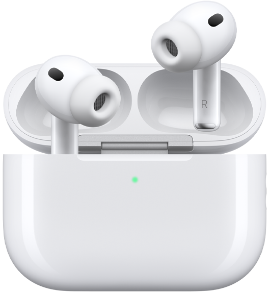 AirPods Pro 3 與 MagSafe 充電盒 (USB-C)，展示充電盒的圓角外觀及 LED 電源指示燈，充電盒盒蓋打開，白色無線耳機配有矽膠耳塞套，耳機柄內側標有字母 L 和字母 R