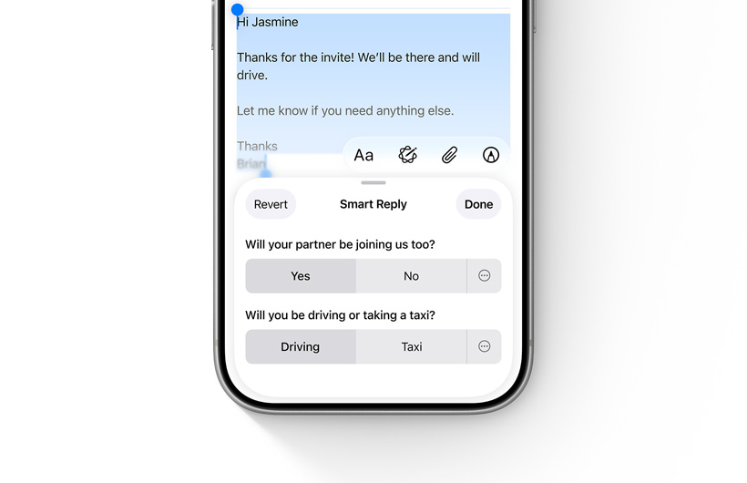 Opcje Smart Reply w apce Poczta wyświetlane na iPhonie.