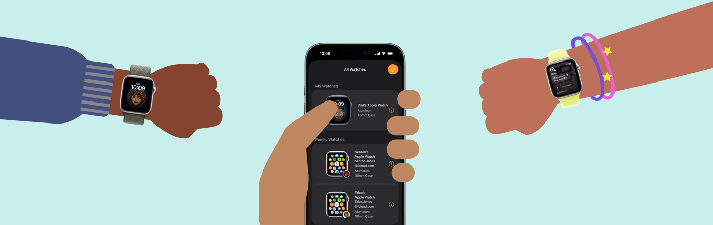 Ilustracja przedstawiająca urządzenia Apple Watch SE 3 na nadgarstkach dwójki dzieci oraz iPhone’a 17 trzymanego w dłoni osoby dorosłej