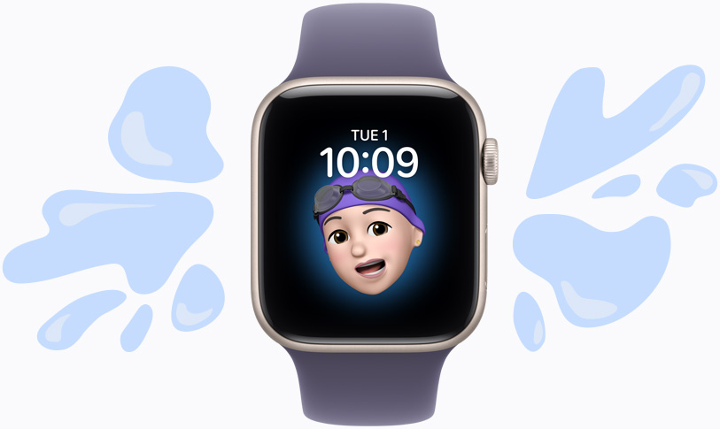 Apple Watch SE 3 z kopertą z aluminium w kolorze księżycowej poświaty, tarcza zegarka Memoji, ilustracja wody odbijającej się od wodoodpornego urządzenia, pasek sportowy w kolorze mlecznego fioletu