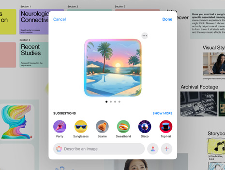 Die Benutzeroberfläche von Image Playground zeigt einen Pool mit Palmen vor einem farbenprächtigen  Sonnenuntergang und Vorschläge für weitere Elemente, die dem Bild hinzugefügt werden können.