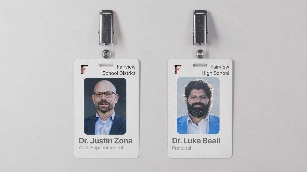 兩張 Fairview 學區的教師名牌並列，左側是 Justin Zona 博士，右側是 Luke Beall 博士。