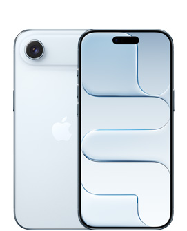 Himmelblå iPhone Air vist bagfra med Fusion-dobbeltkamerasystem øverst til venstre, Apple-logo i midten. Og vist forfra i himmelblå med Dynamic Island øverst i midten