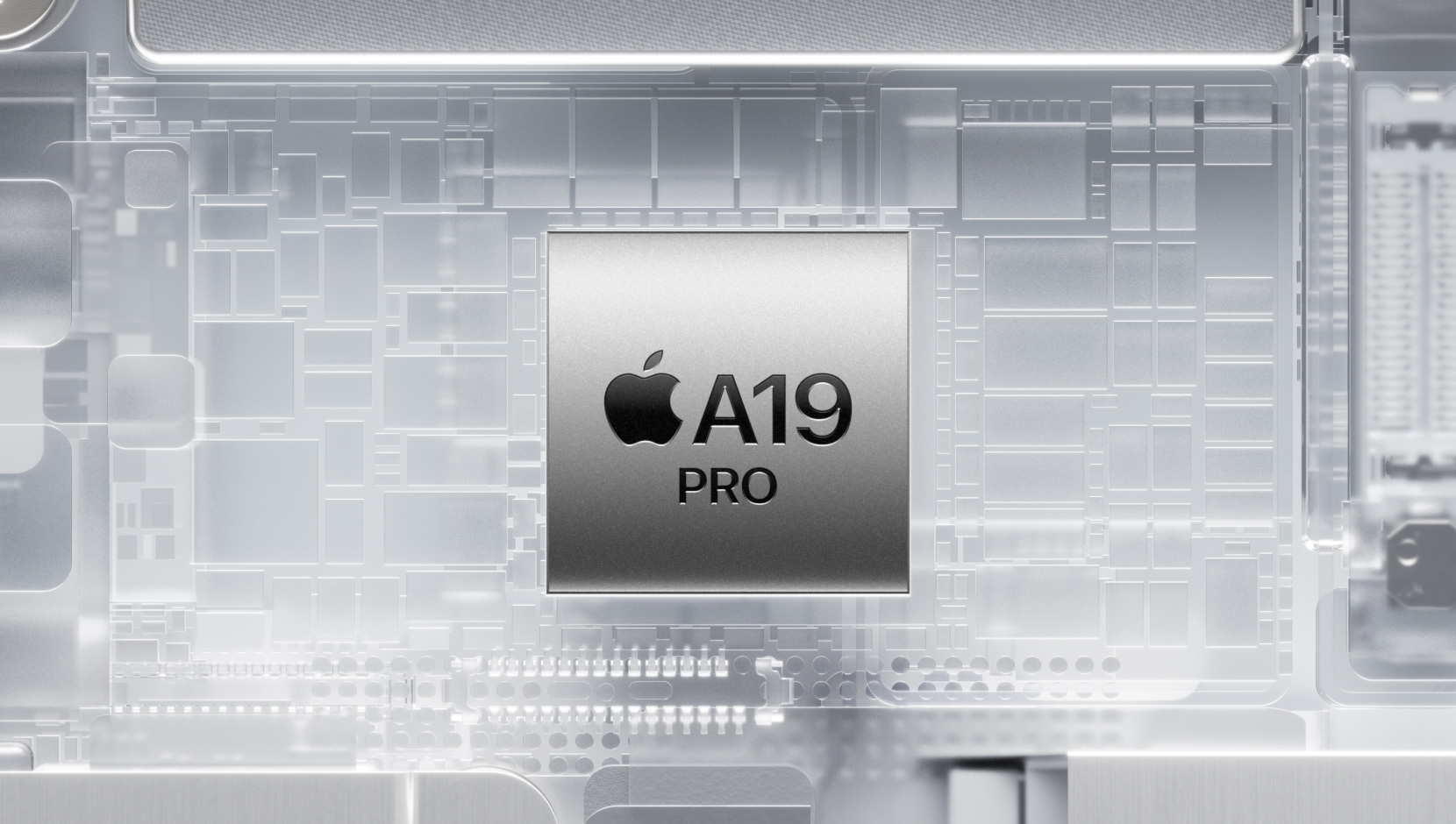 A19 Pro-chip omgivet af lysende indre iPhone-komponenter