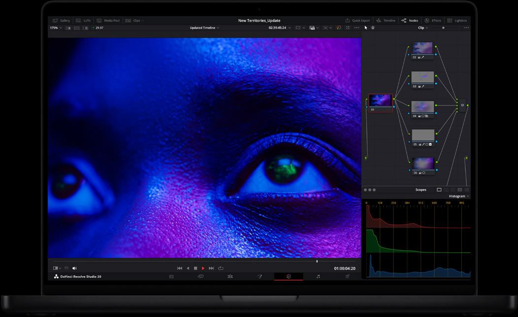 Screen of MacBook Pro of DaVinci Resolve Studio being used to edit a video