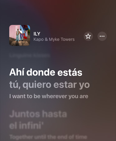 Oversættelse fra spansk til engelsk af sangteksten til ILY af Kapo & Myke Towers, der afspilles i Apple Music