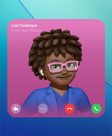 FaceTime-kontaktplakat med Genmoji i midten, personens navn øverst til venstre, ikoner for svar med besked, flere valgmuligheder, læg på, besvar opkald nederst